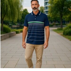 Chaps 78 Stay Dry Mens Golf Polo Shirt Blue Striped Sz 2XB Collared Short Sleeve